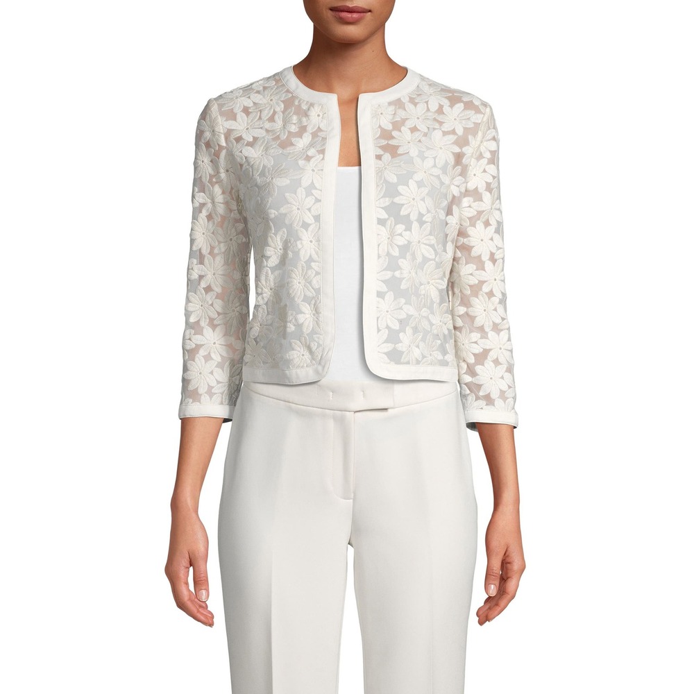 (CL) Anne Klein Ivory Floral Lace Cropped Open Front Jacket Cream Embroidered 10